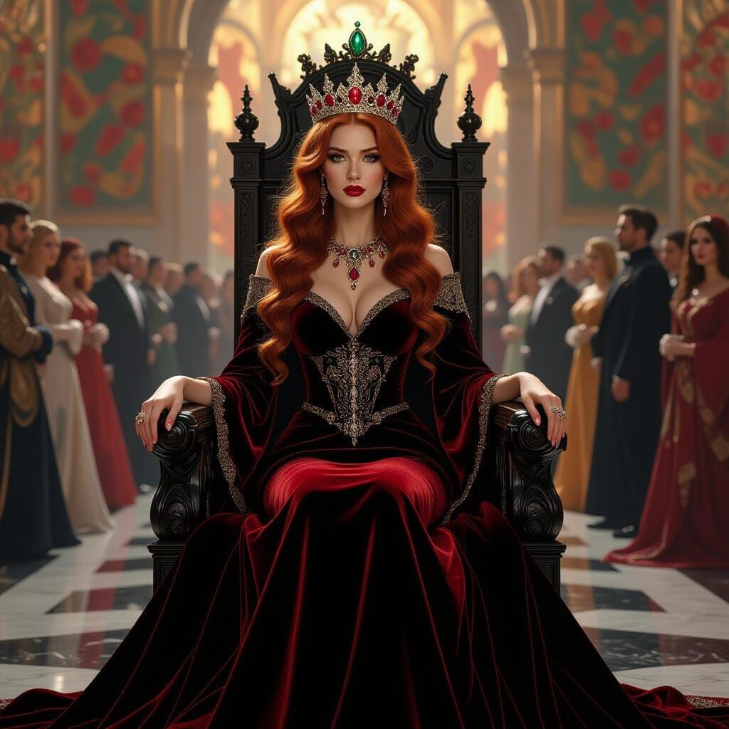 Regal Queen on Obsidian Throne in Grand Hall