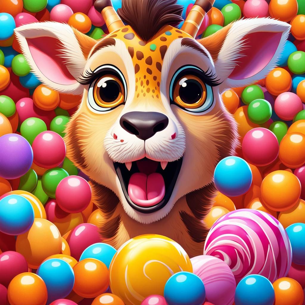 Surreal Scene with Lion Cub, Giraffe, Owl, and Monkey in Vib...