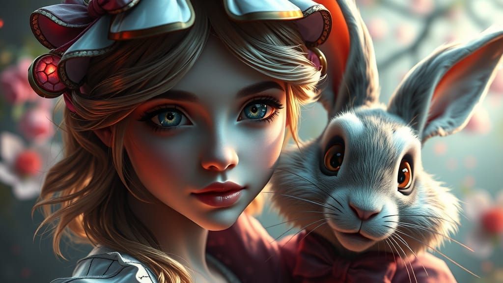 Ethereal Wonderland Portrait with the White Rabbit and Chesh...
