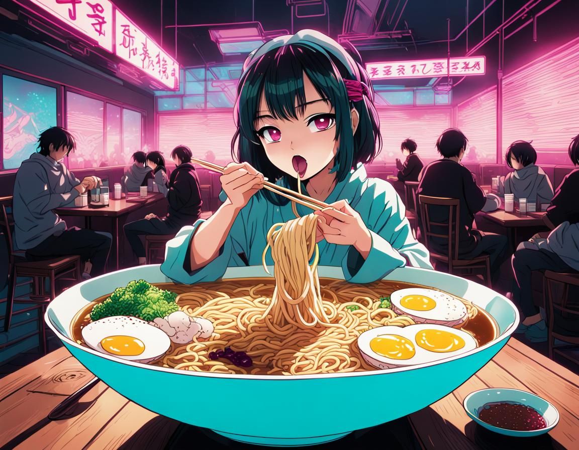 Ramen Woman in Neon Anime Restaurant