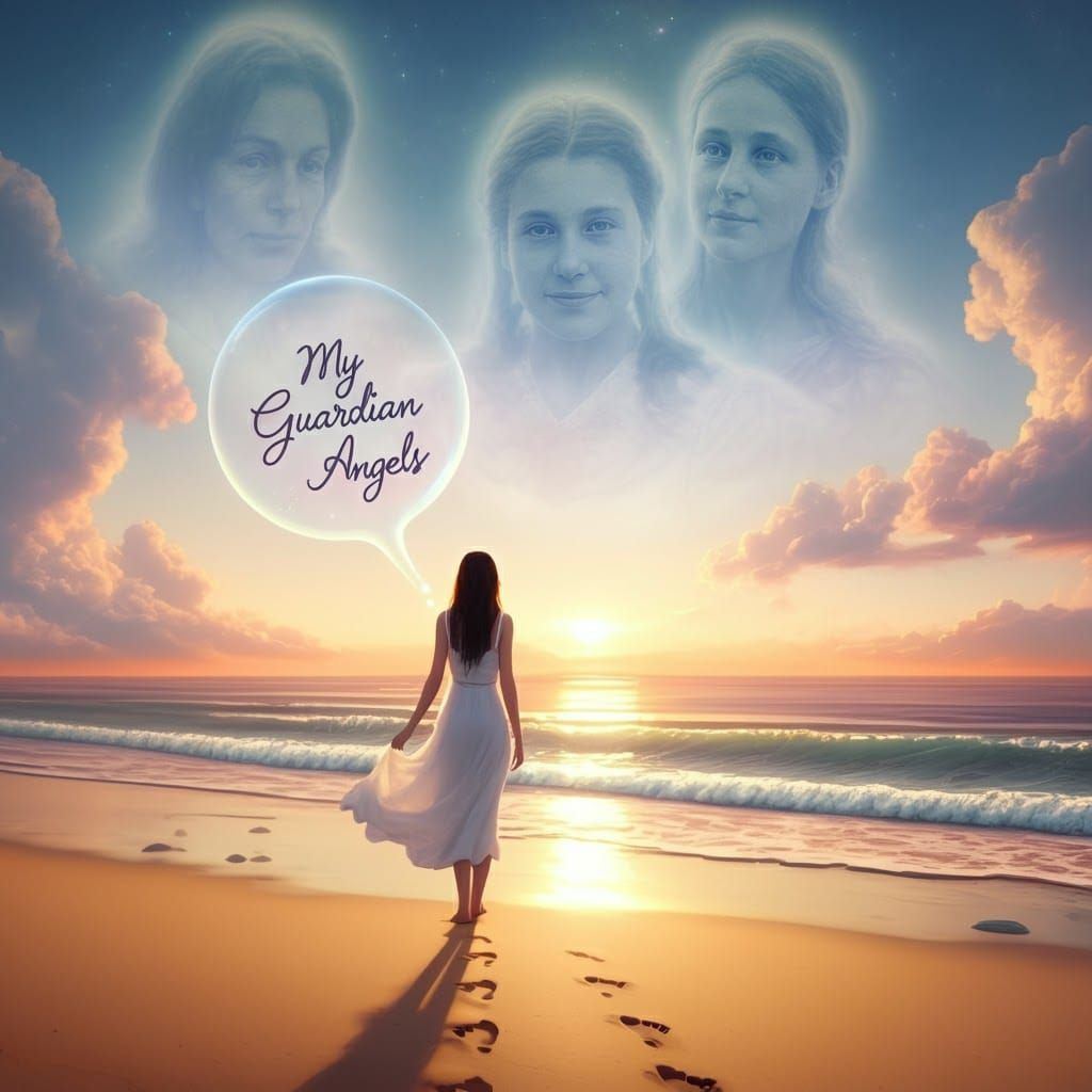 Serene Woman on Beach with Guardian Angels