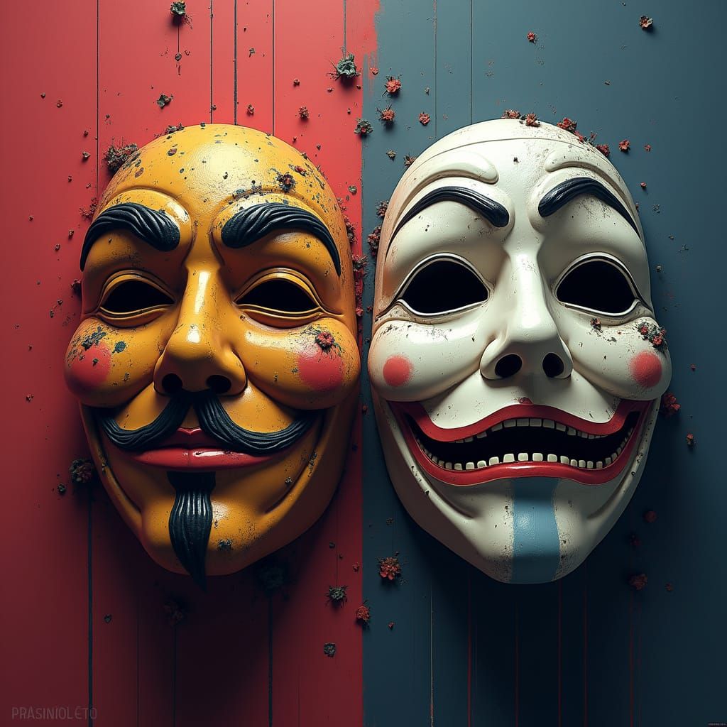Hyperrealistic Comedy and Tragedy Masks Splash Art