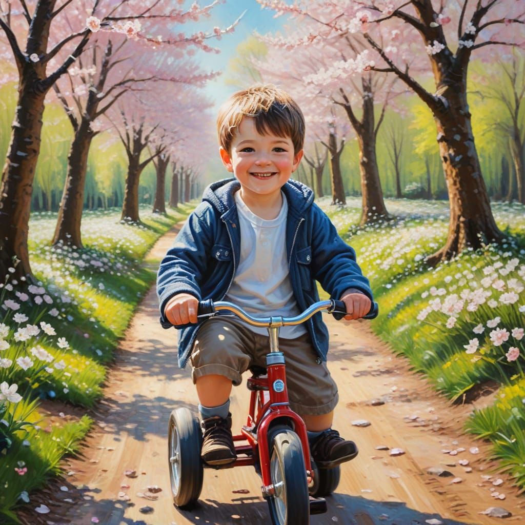 Joyful Boy Pedals Through Blossoming Forest in Vibrant Impas...
