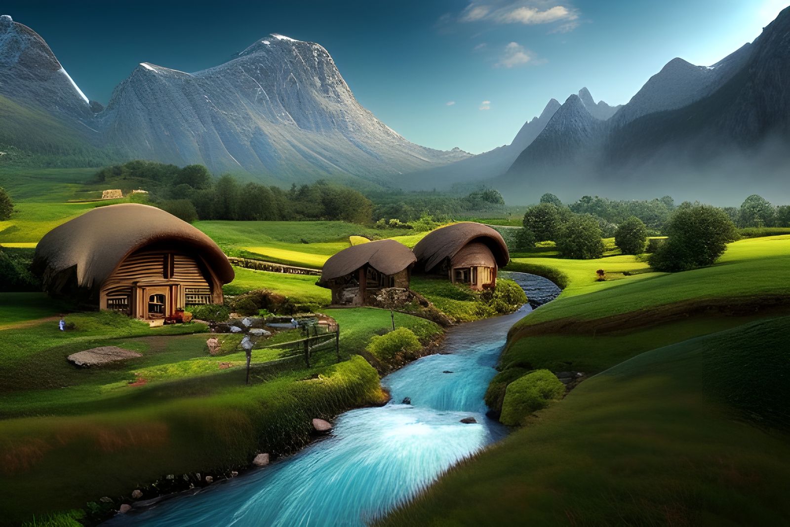 Hyperrealistic Hobbit Village in Mountainous Landscape