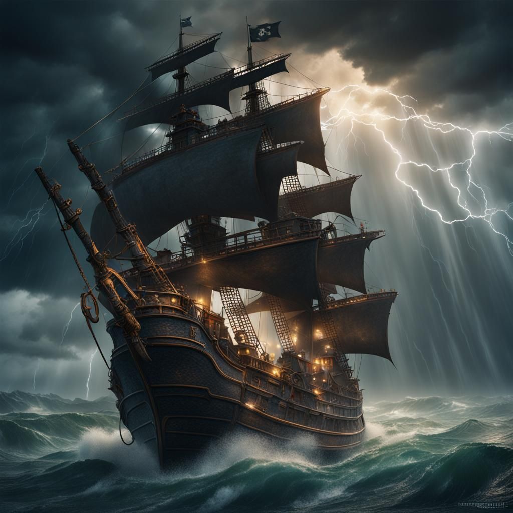Pirate Ship in Stormy Weather, Fantasy Concept Art