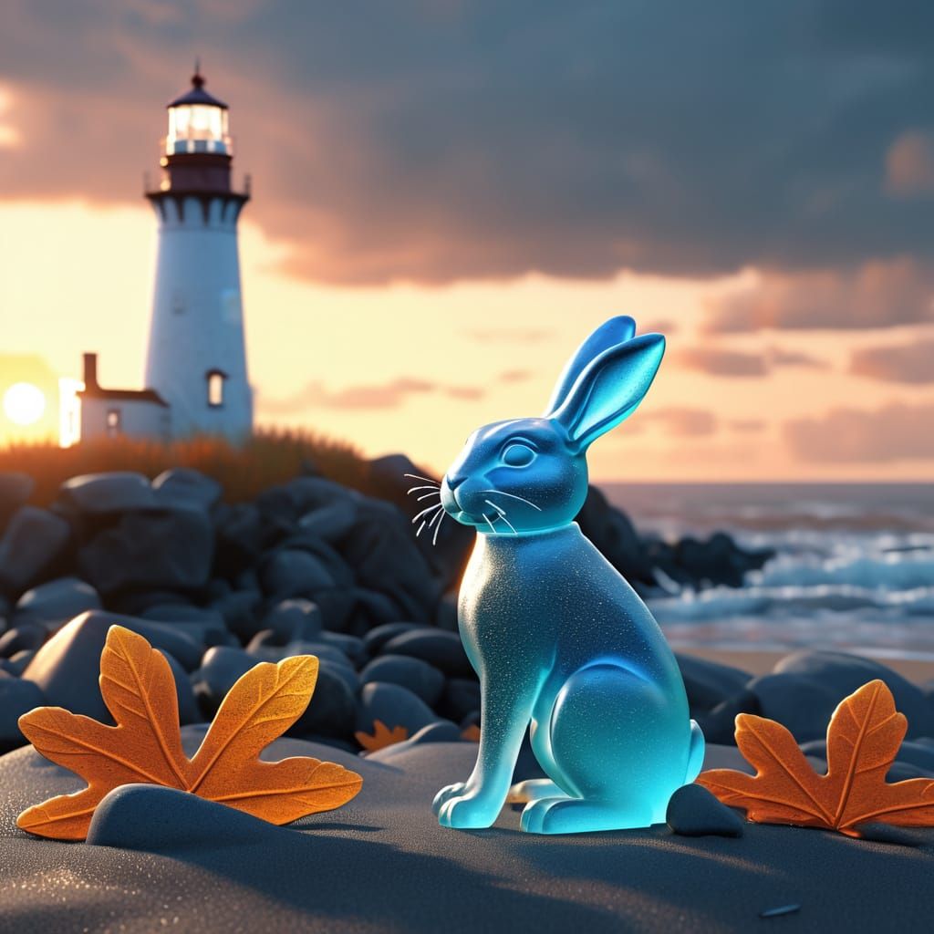 Sea Glass Bunny With Autumn Leaves at Sunset