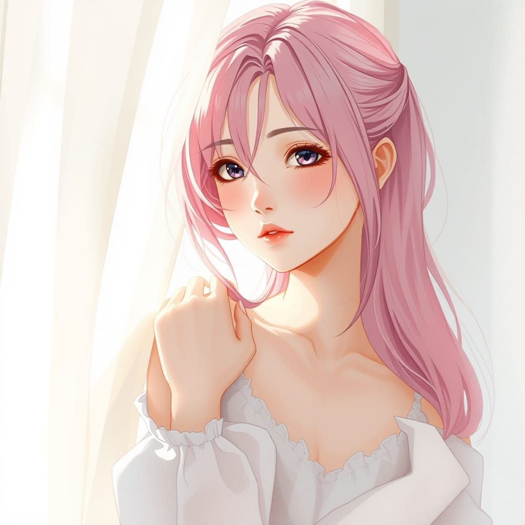 Anime Goddess Basks in Soft Light, Delicate Expression