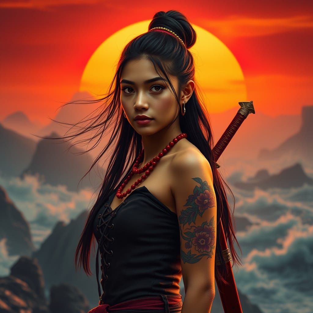 Serene Sunset Warrior in Traditional Attire