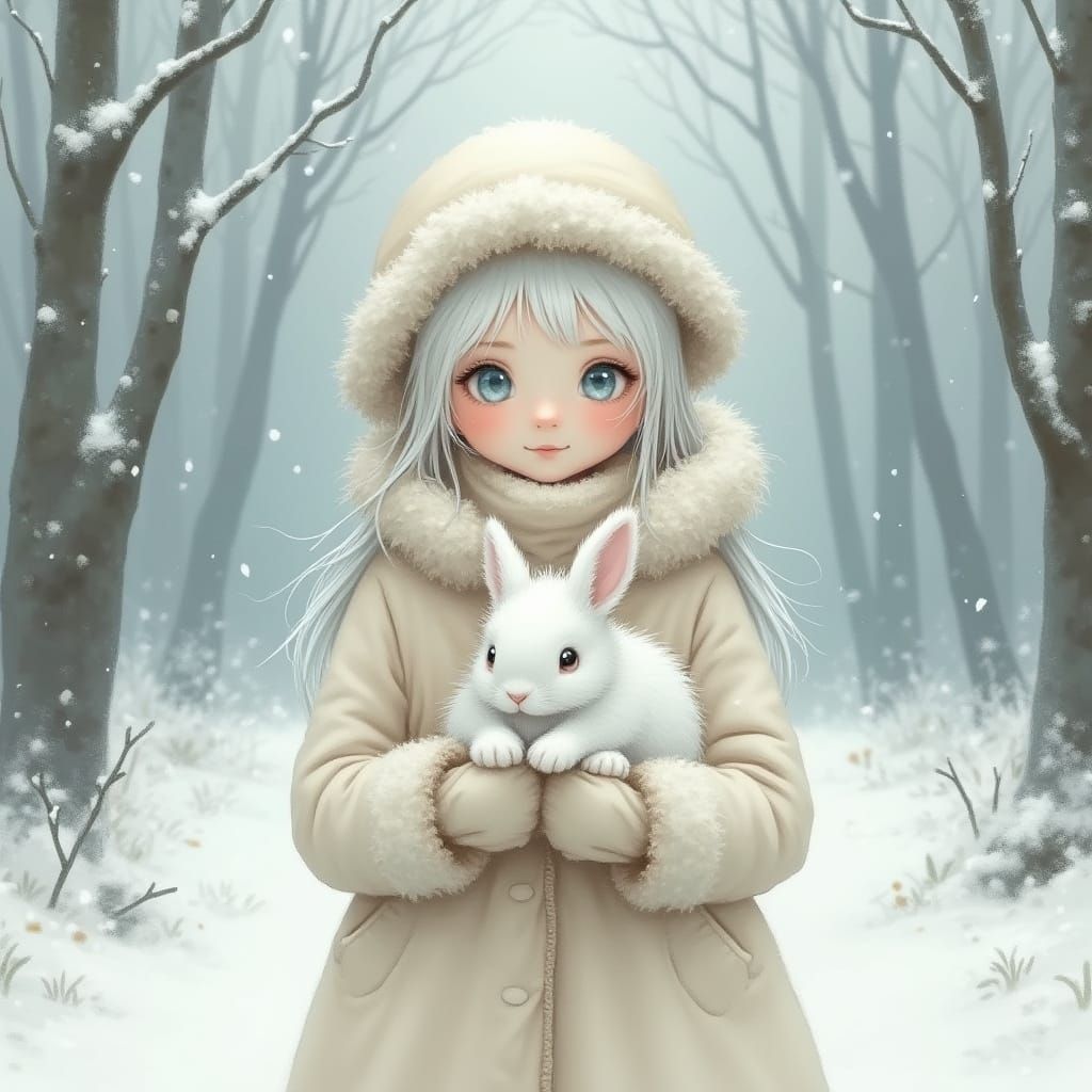 Girl with White Hair Walks in Snowy Woods with White Bunny