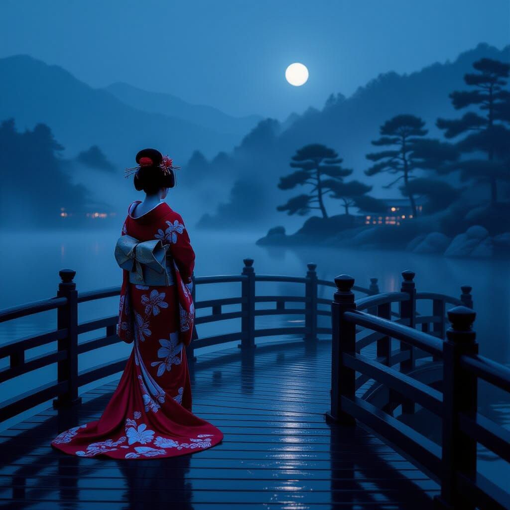Geisha on Misty Bridge at Twilight