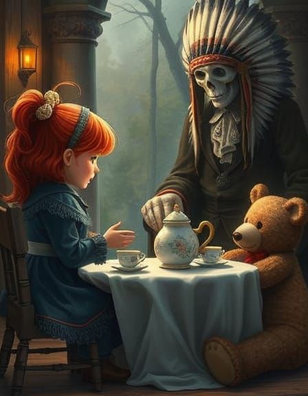 Whimsical Tea Party with Ghost in Dreamlike Fantasy Art