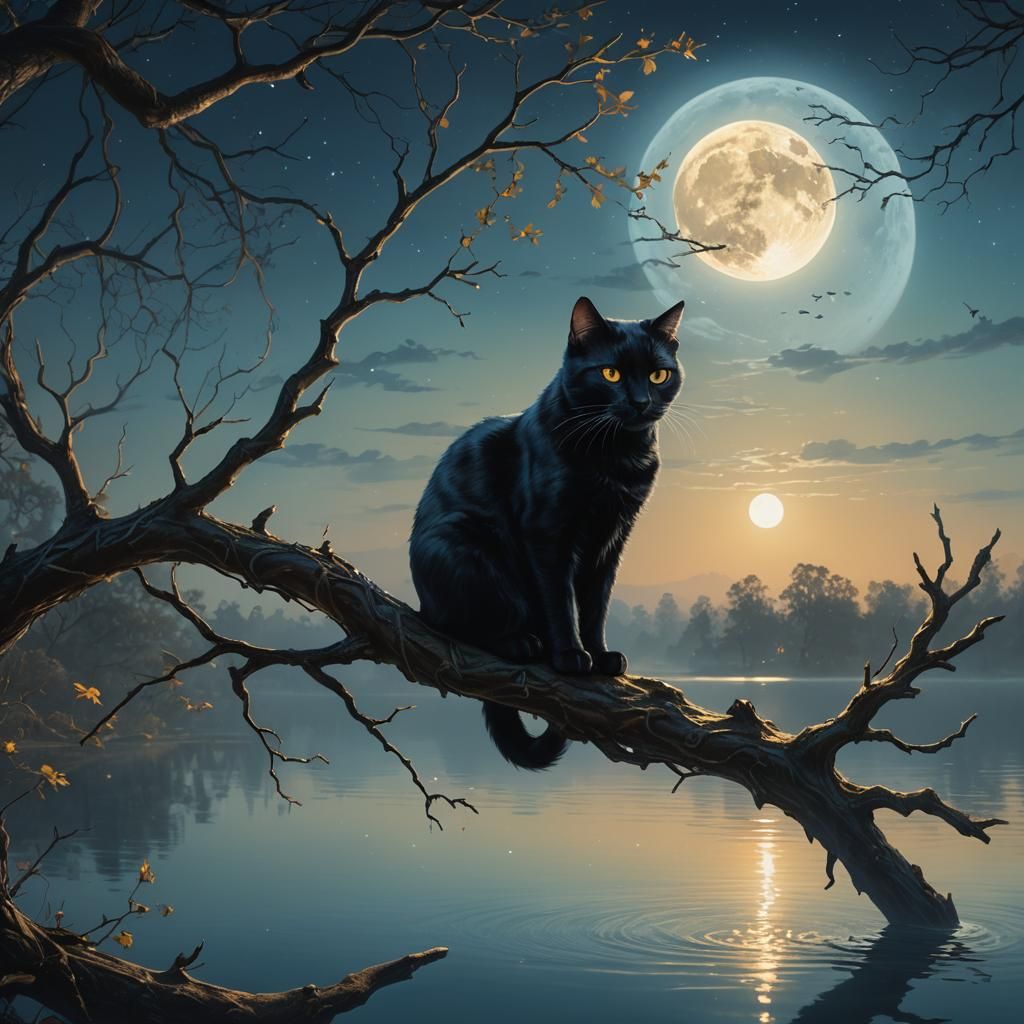 Mystical Black Cat on Moonlit Branch Oil Painting