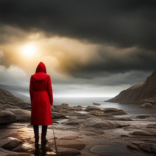 Woman with Red Umbrella in Rainy Thunderstorm