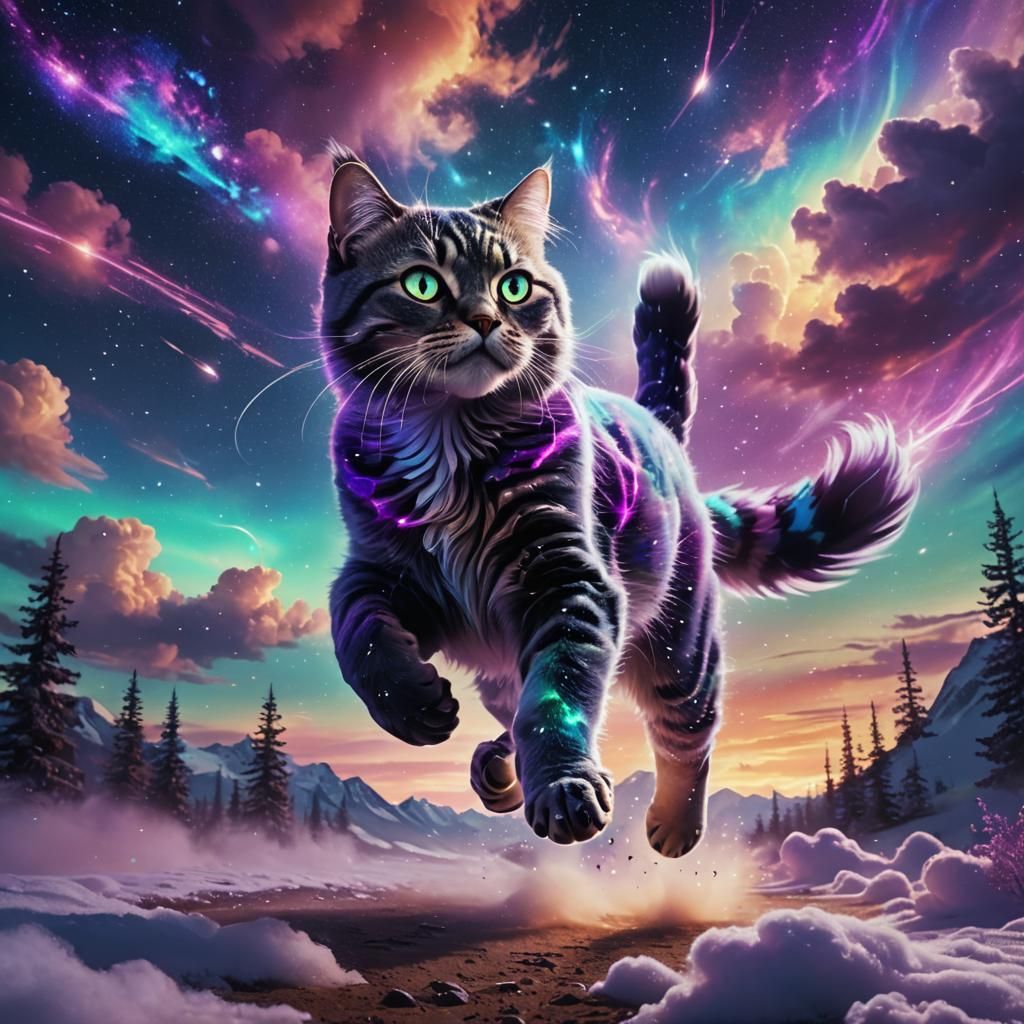 Galaxy Cat Running Through Northern Lights: Digital Matte Pa...