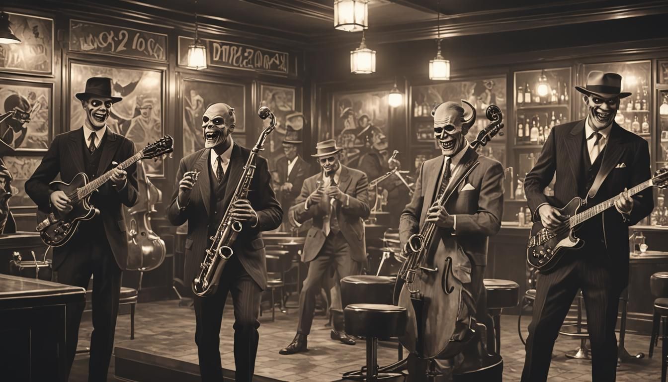demon jazz group in 1920s bar background depth with 10 layer...