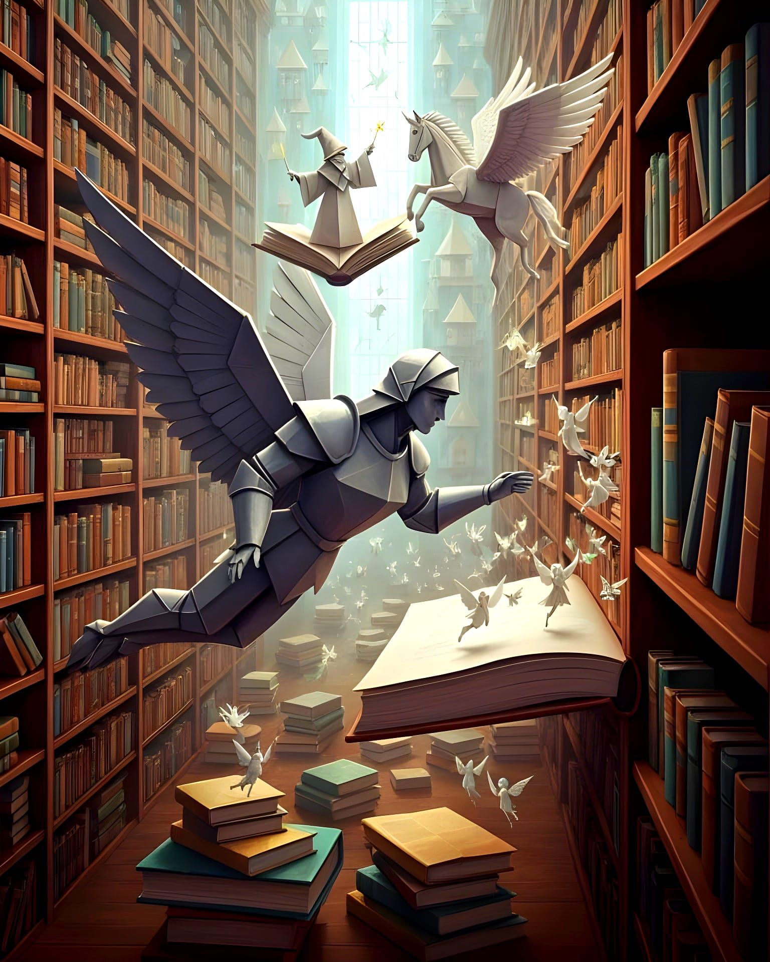 Origami Angel in Giant Library, Fantasy Digital Art