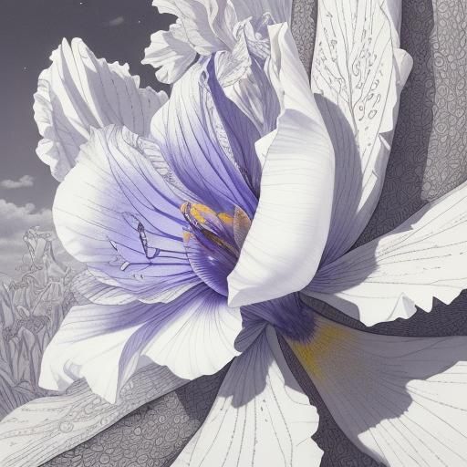 Blooming Iris Flower in Etched Ink Illustration