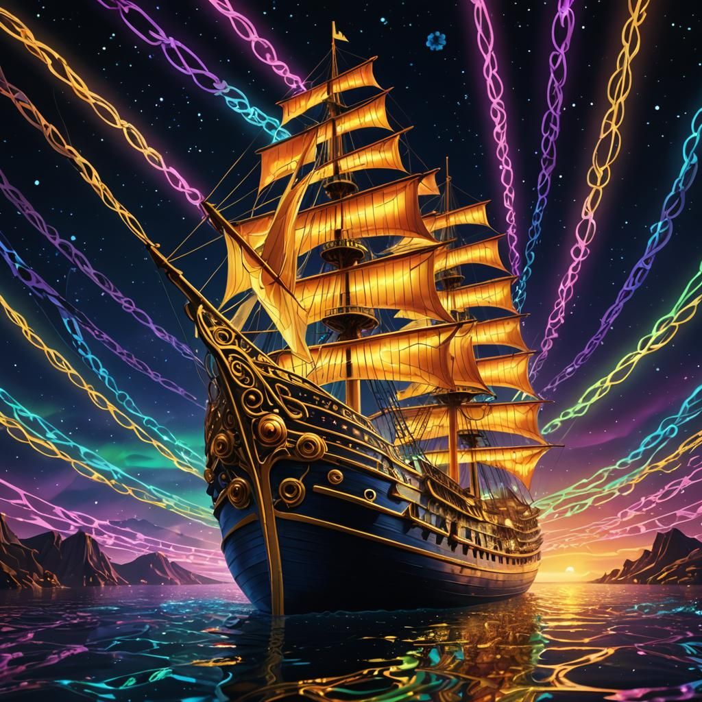 Golden Ship Navigates Neon Waves in Surreal Art