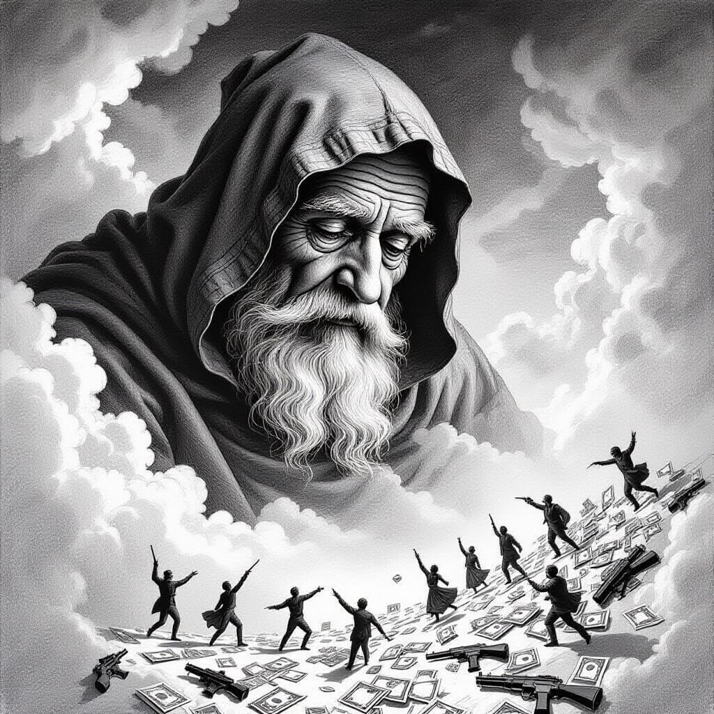 Surreal Baroque Old Man in Sky Over Dancing Tiny Figures