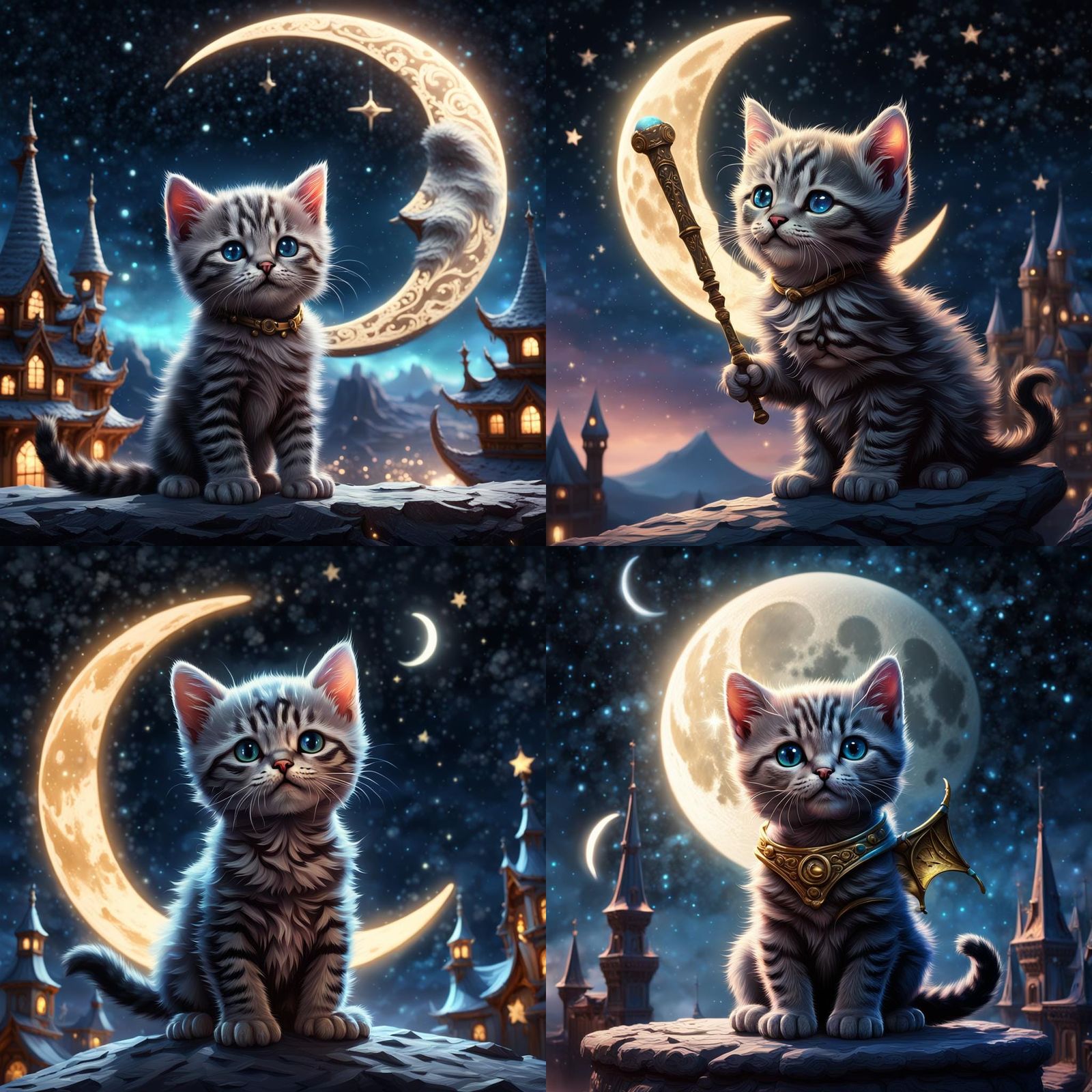 Cosmic Kitten's Lunar Star Chase in Detailed Painting
