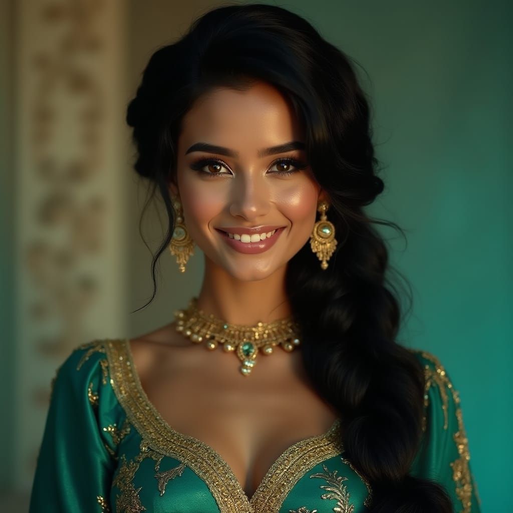 Arabic Princess in Opulent Cyan-Green Attire