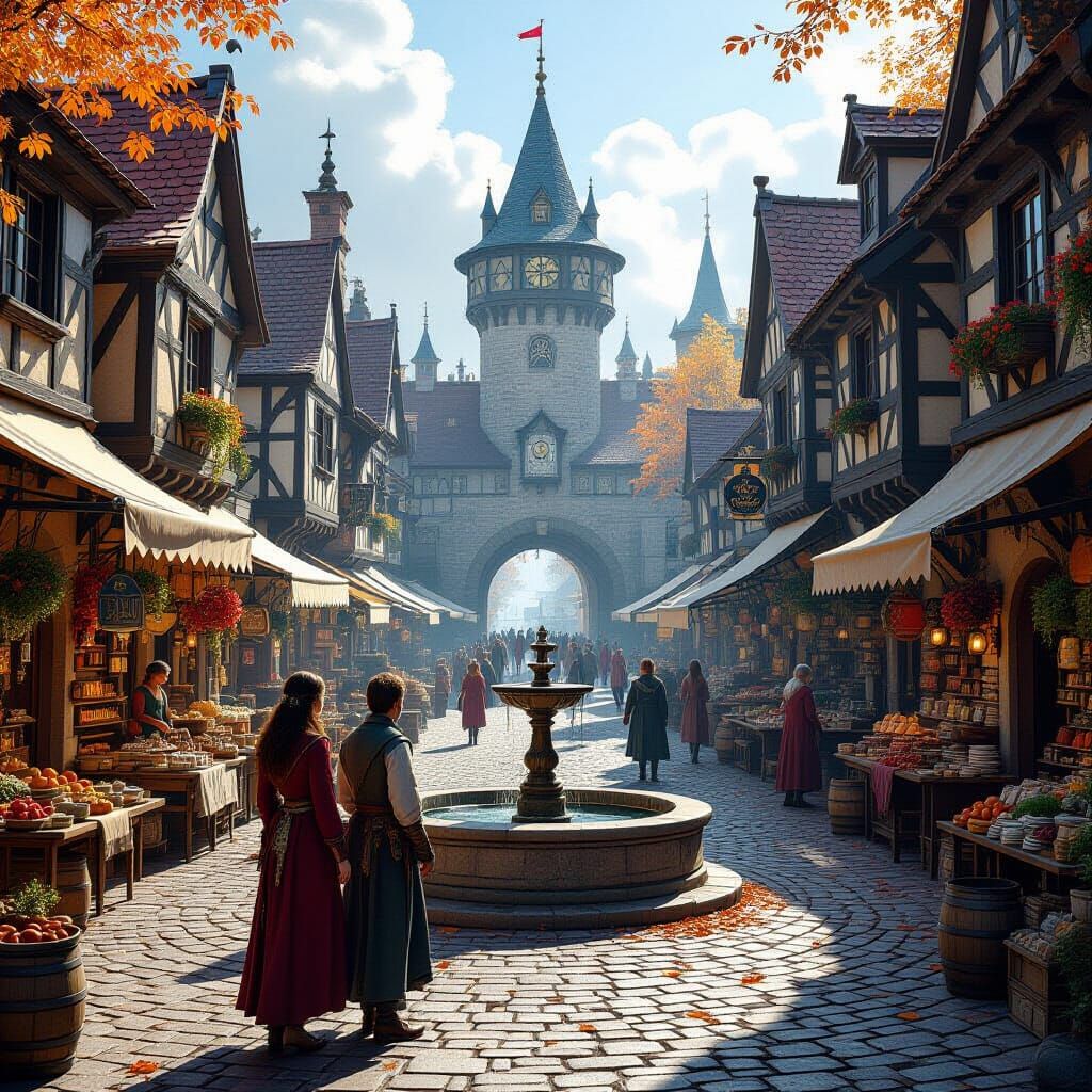 Bustling Medieval Market Scene in Detailed Matte Painting St...