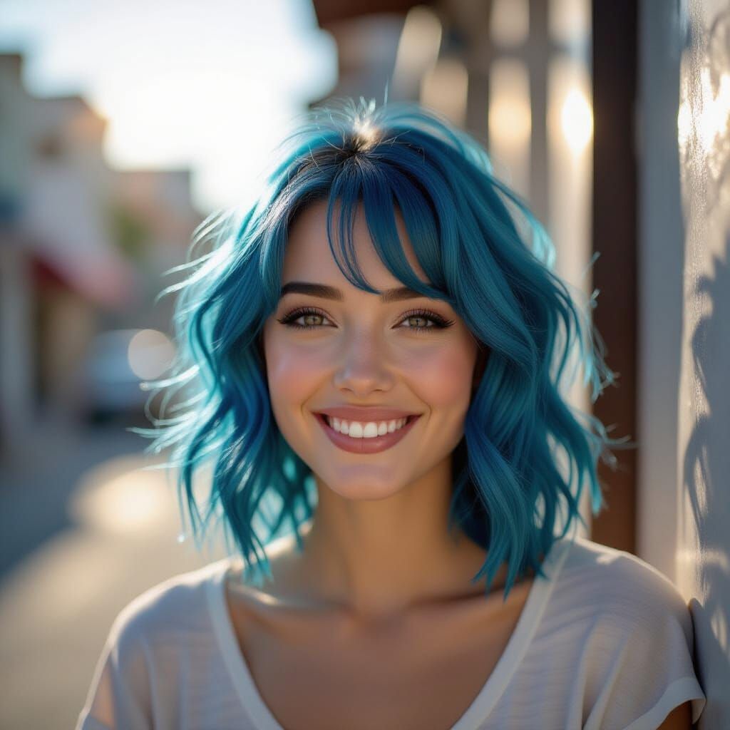 Blue Haired Woman Smiling in Morning Sun