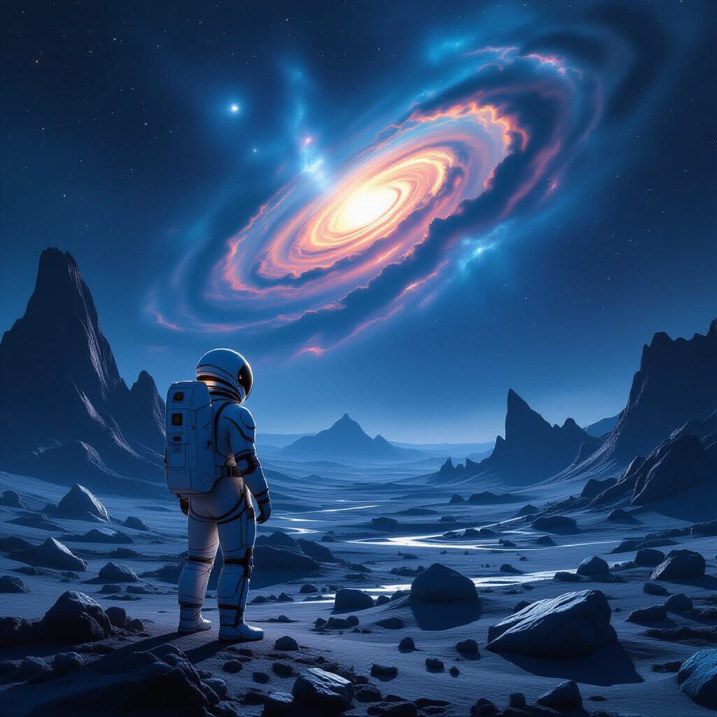 Astronaut Gazes at Nebula on Alien Planet