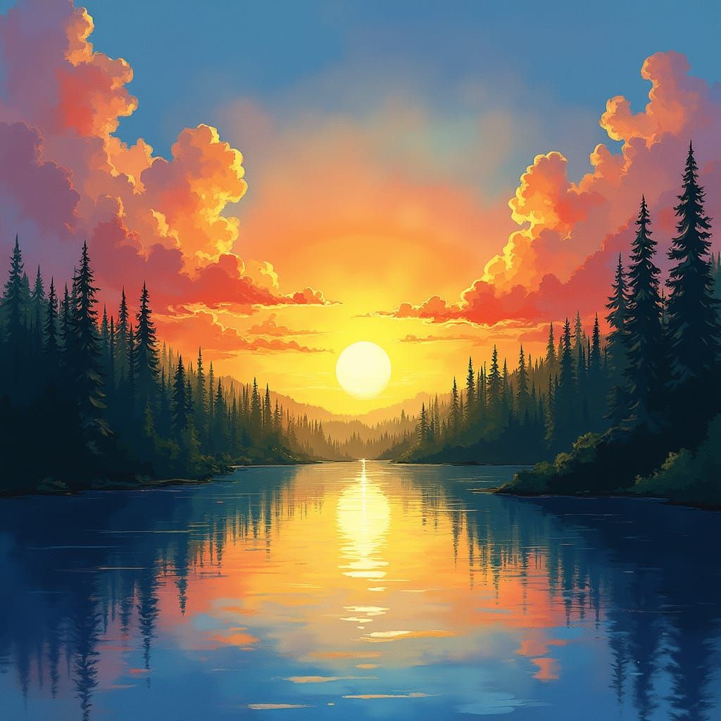 Vibrant Anime-Inspired Watercolour Landscape with a Bold Acr...