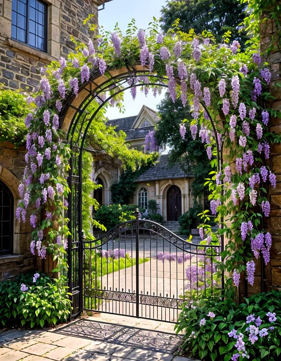 Vibrant Wisteria Arches Through a Stained Glass Gateway