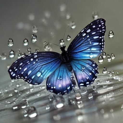 Bioluminescent Butterfly in Rain, Hyperrealistic Photography