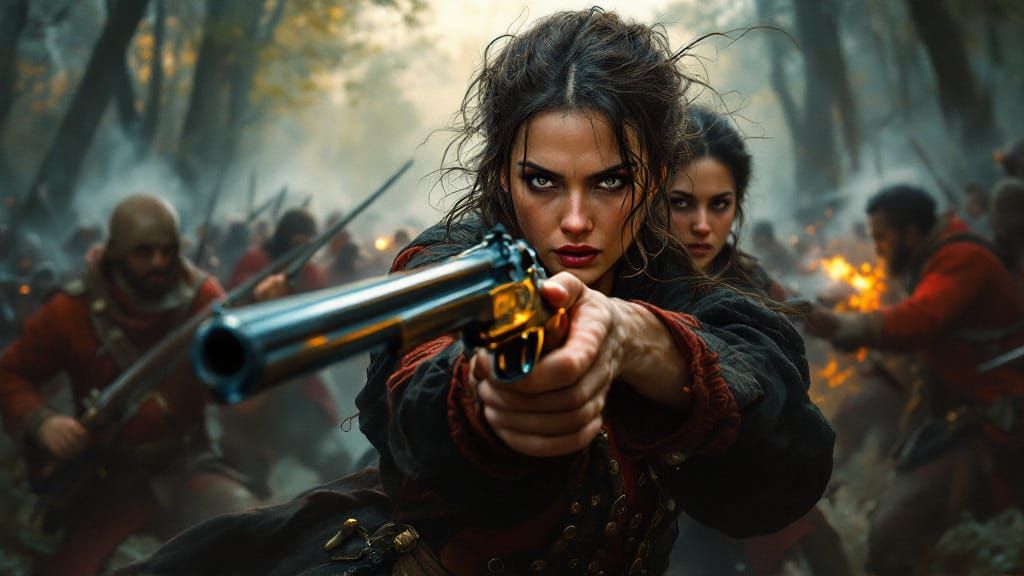 Defiant Woman Aims Flintlock Pistol in Misty Forest Battle
