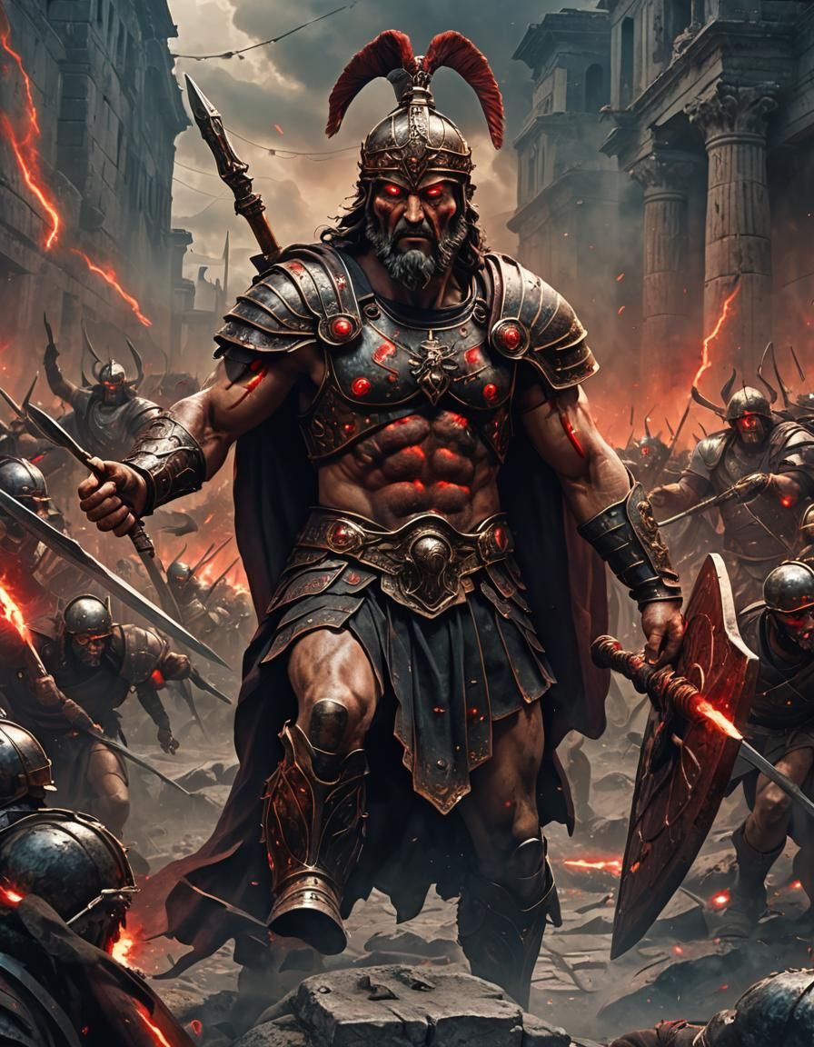Roman War God with Glowing Eyes in Battle