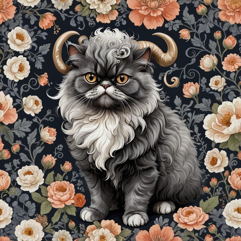 Persian Cat with Ram Horns in Floral Setting