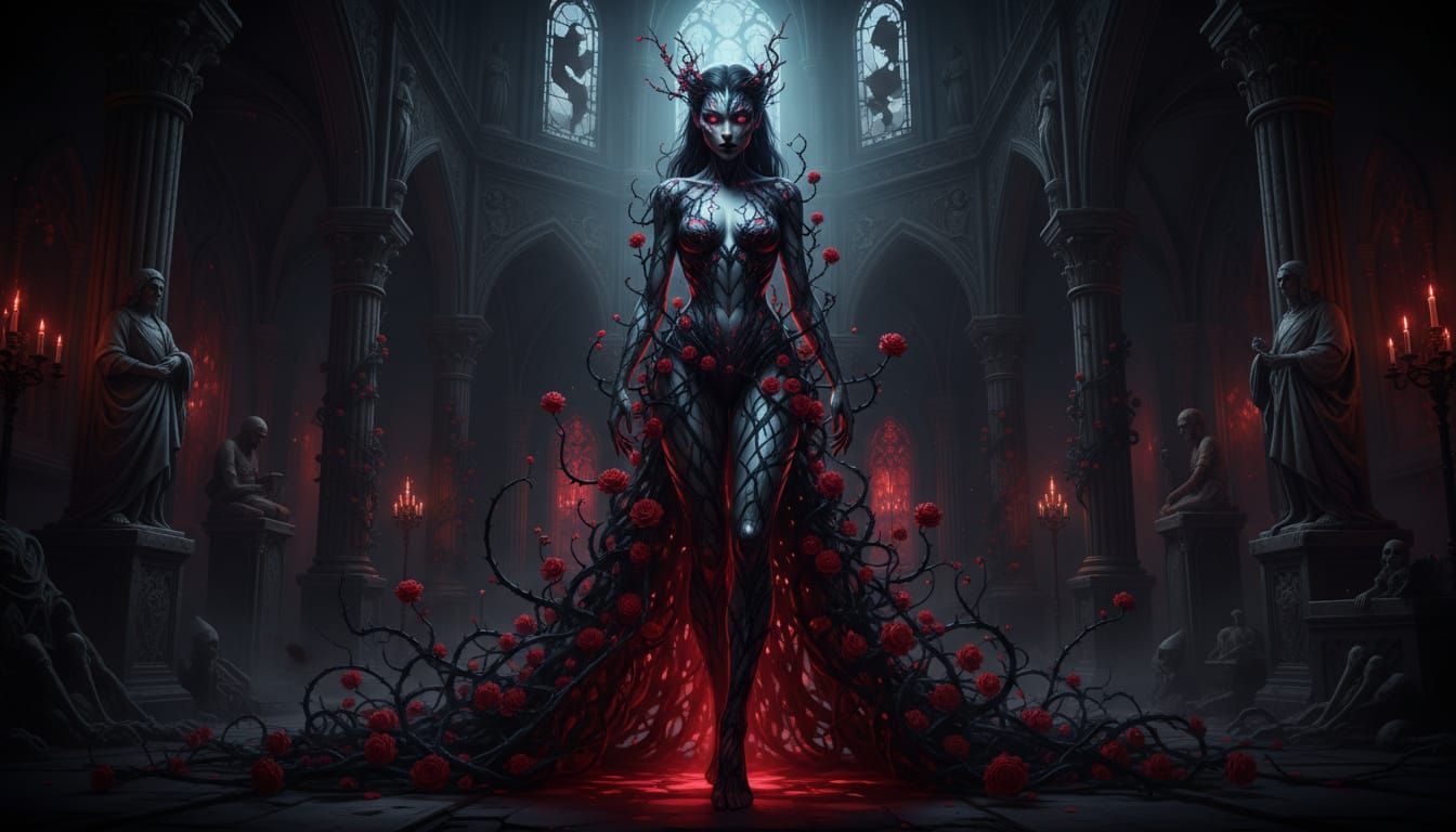 Gothic Vampire Countess Entwined with Blood-Red Roses