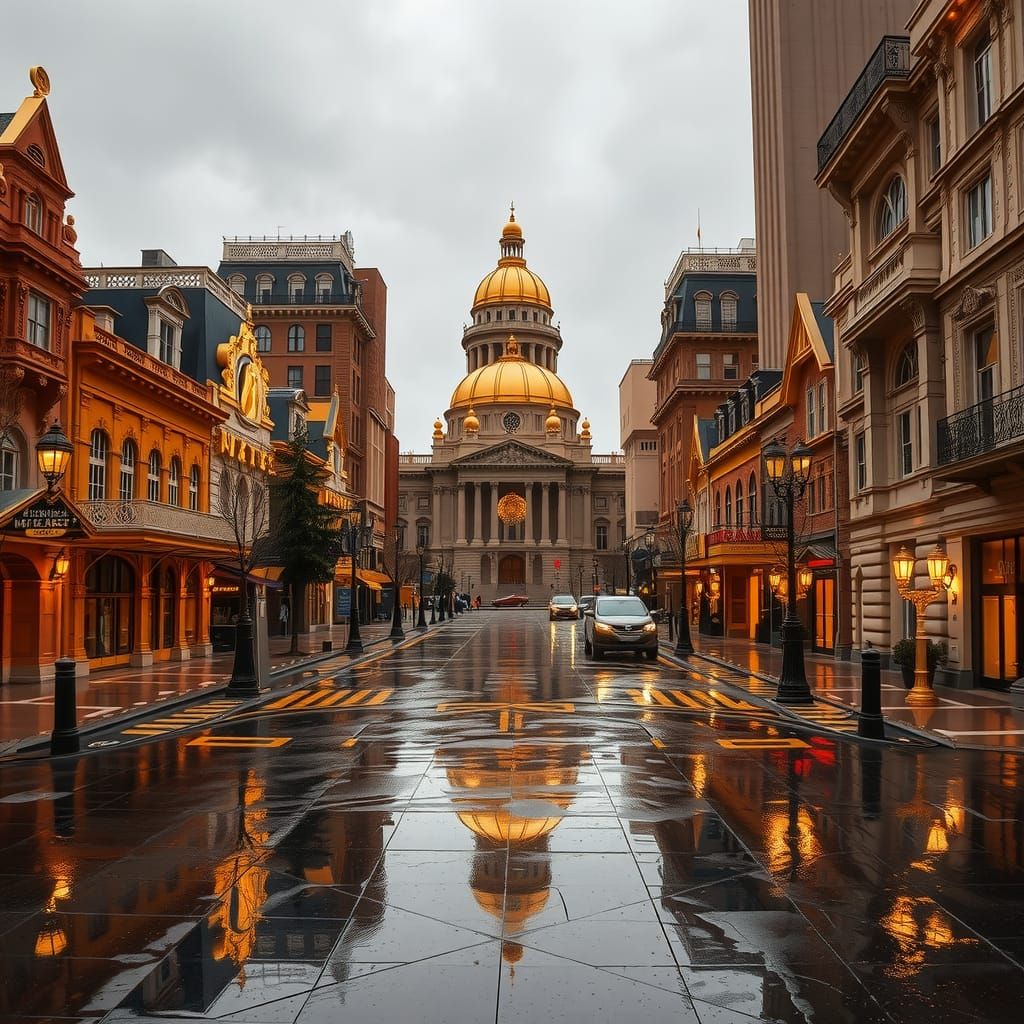 A surreal and dreamlike scene, the city streets, made of gol...