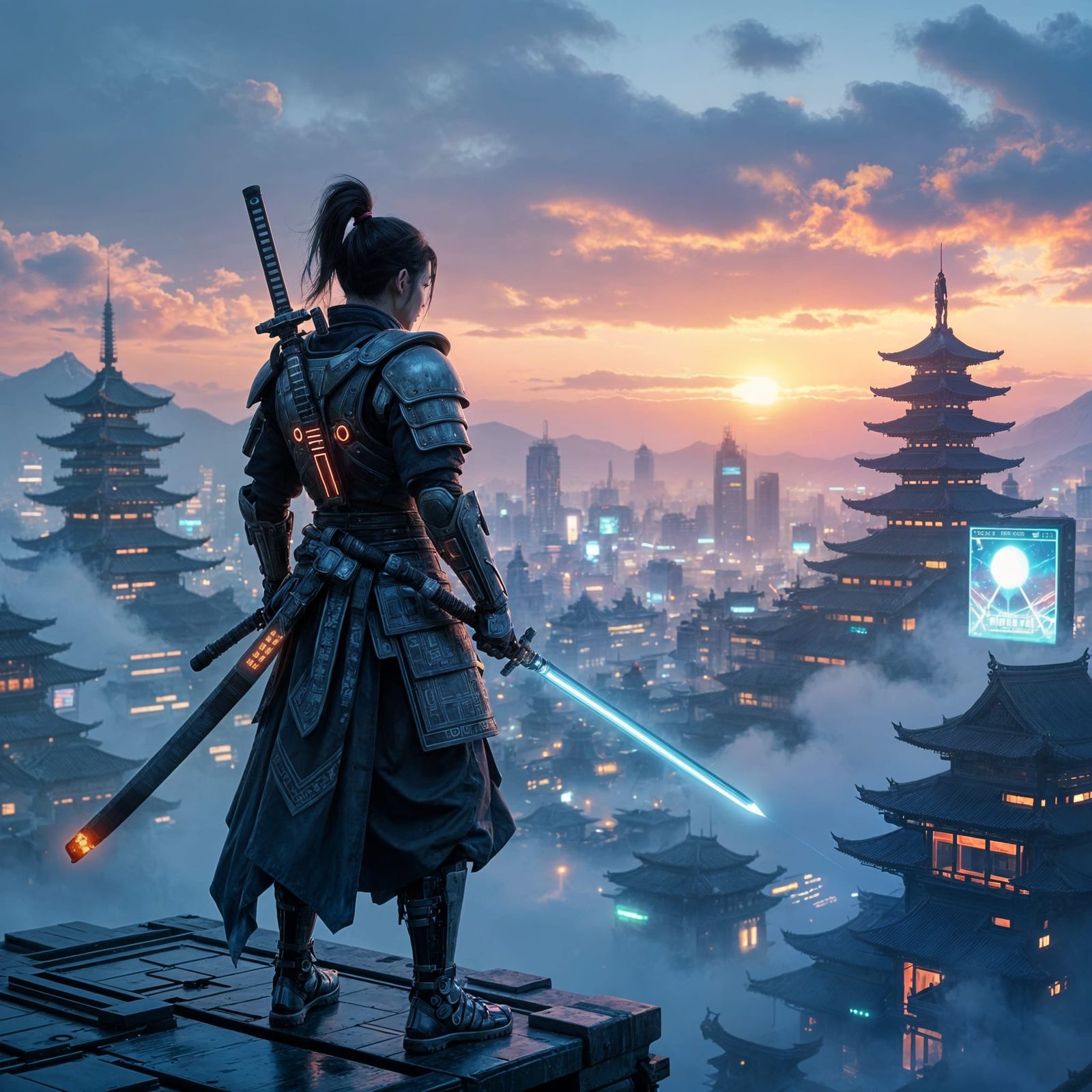 Cyborg Samurai Over Cyberpunk City, Digital Art