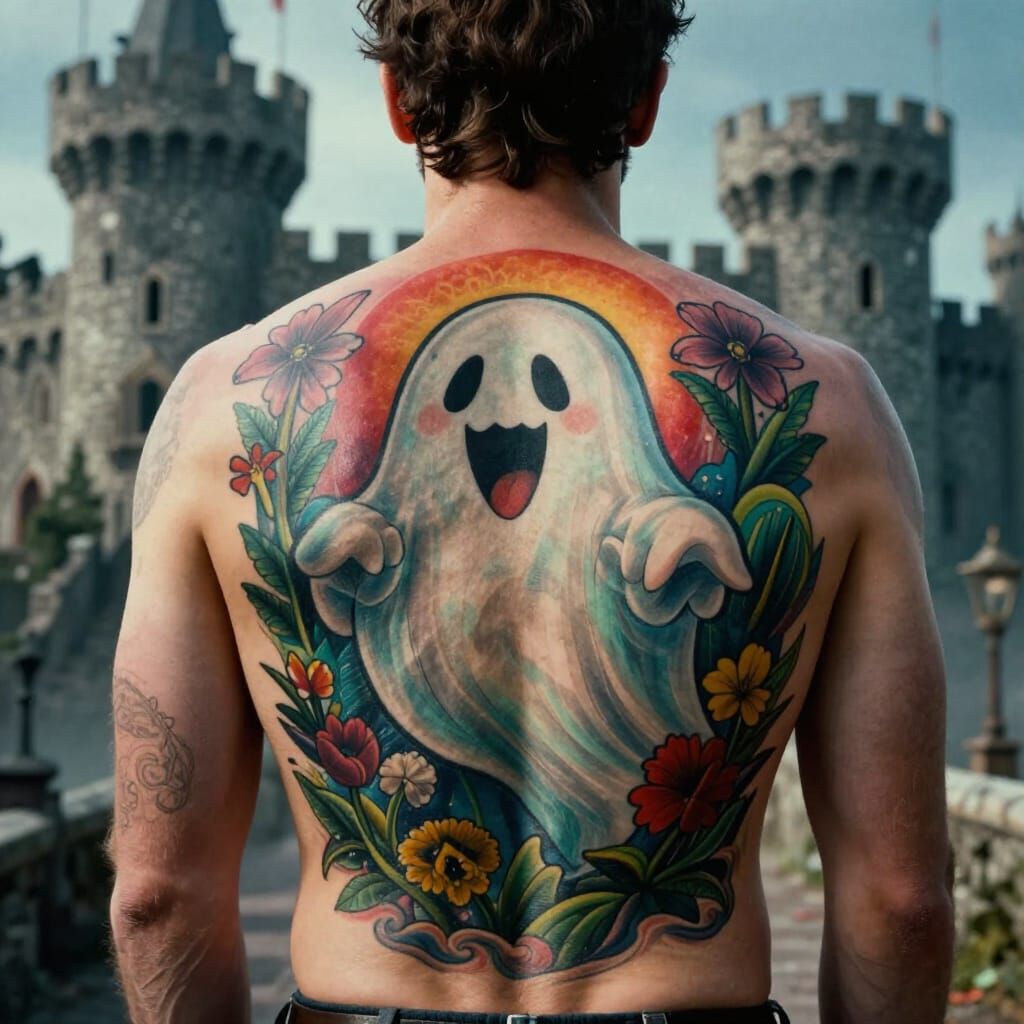 Casper the Friendly Ghost Tattoo on Man's Back in Castle