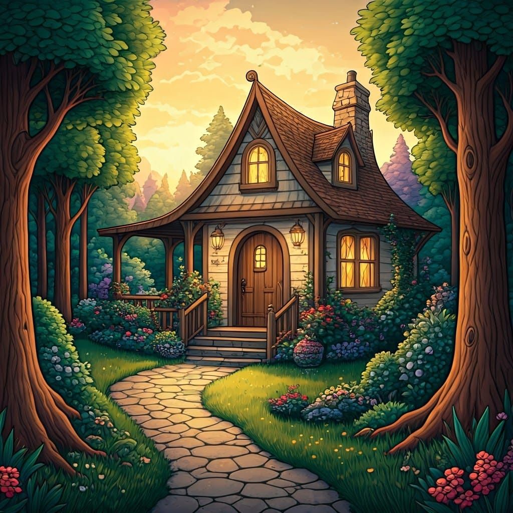 Idyllic Dream Home Illustration in Whimsical Style