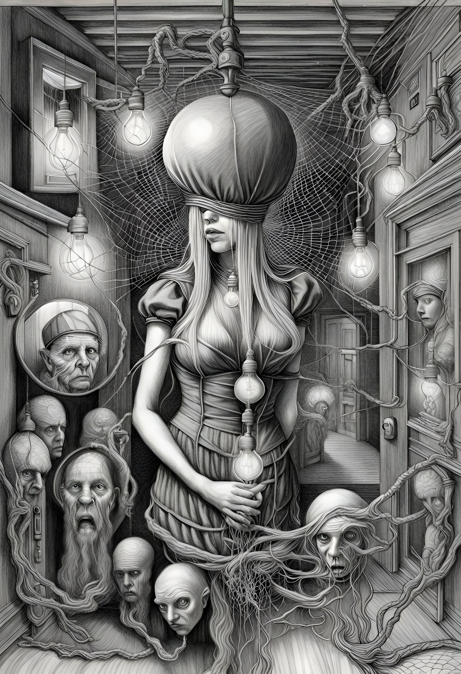 Surreal Pencil Drawing of Woman in Hallway