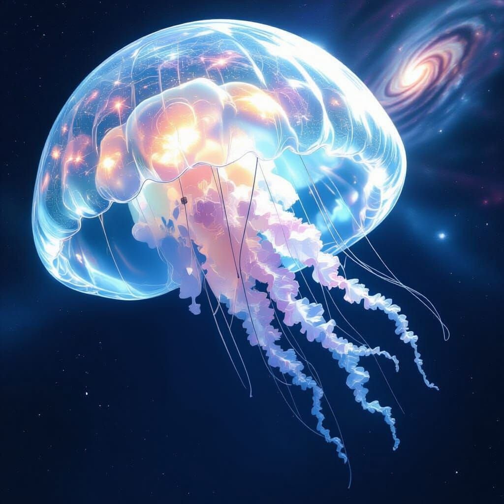 Astronaut Tethered to Luminous Crystal Jellyfish in Deep Spa...