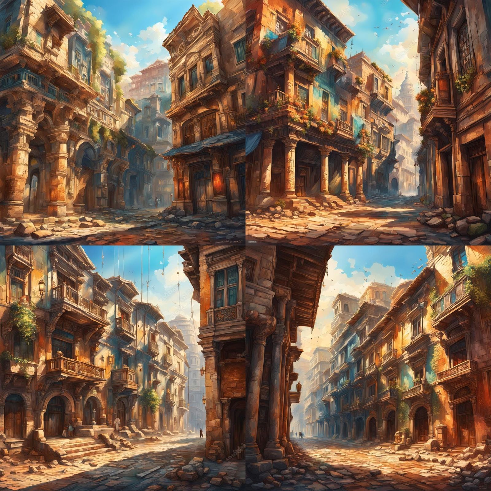 Ancient City Street View, Hyperrealistic Splash Art