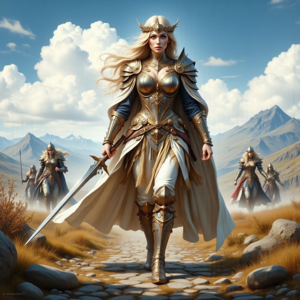 Female Paladin Leading Knights, Comic Book Style