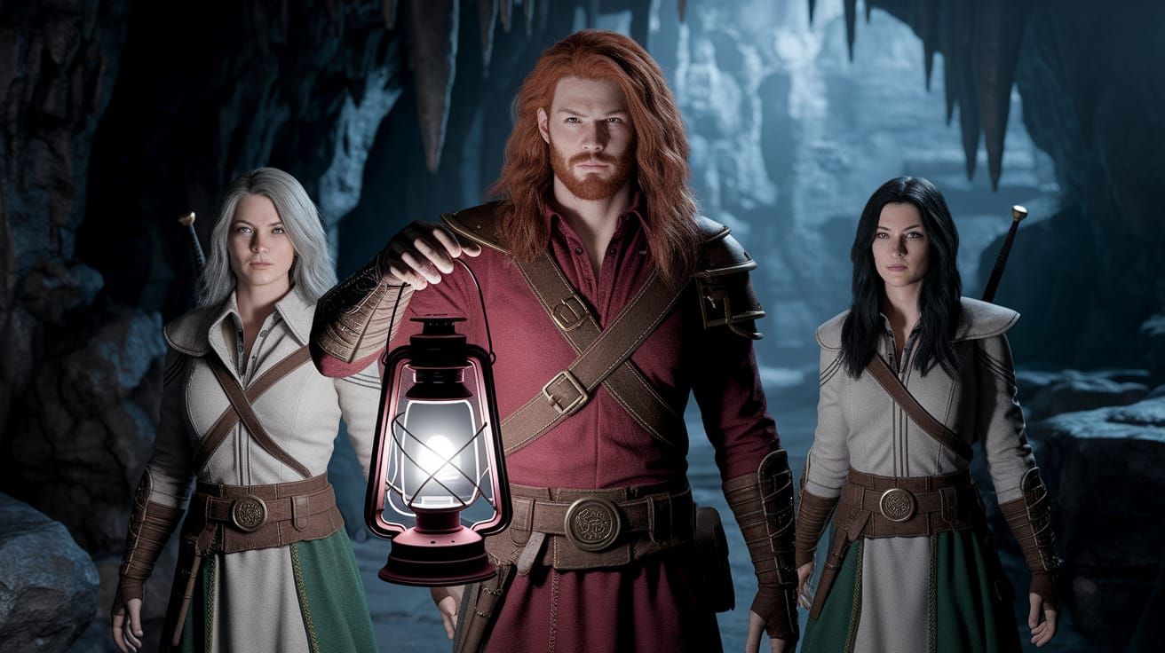 Fantasy Adventurers Explore Dark Cave by Lantern
