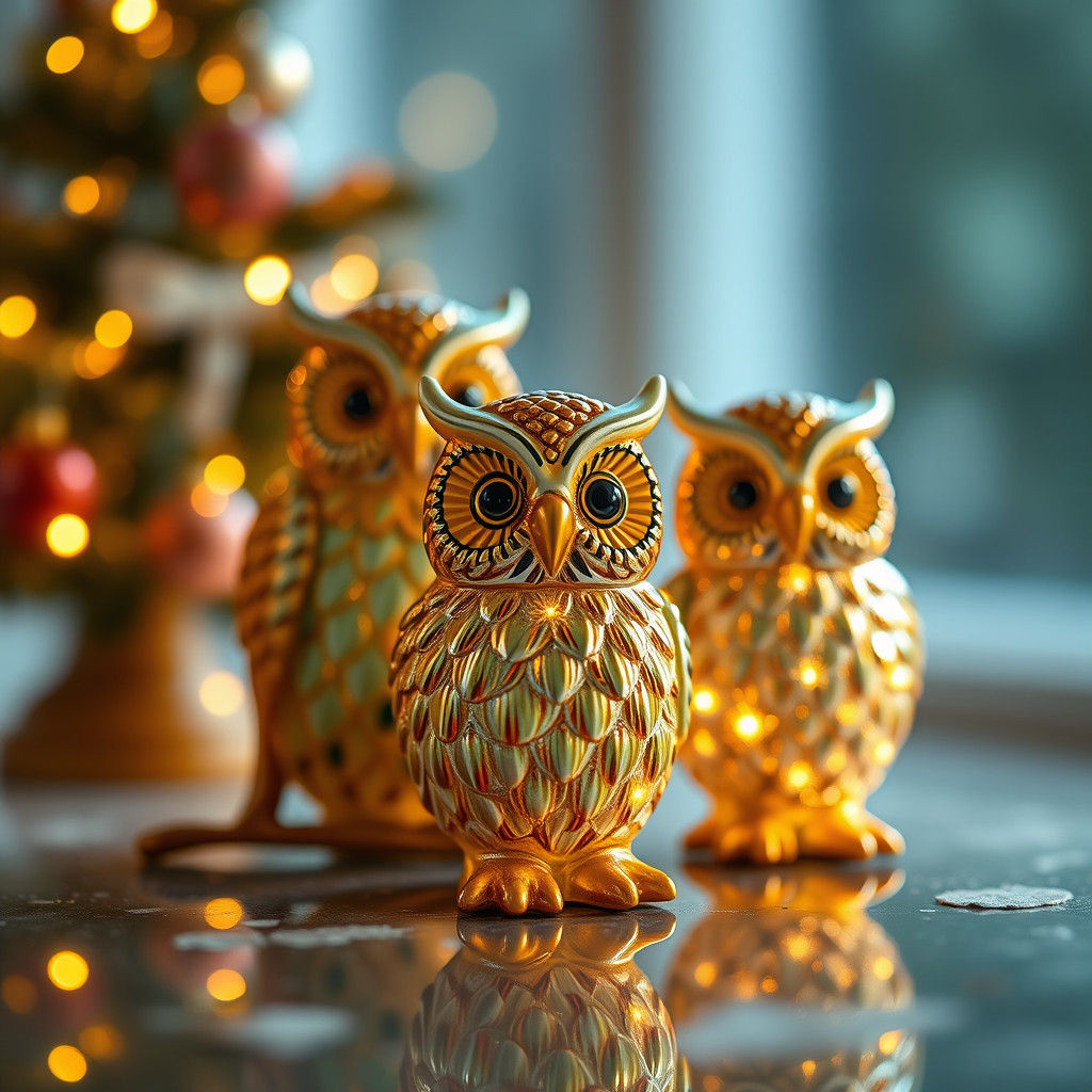 Enameled Glass Owl Figurines with Christmas Tree