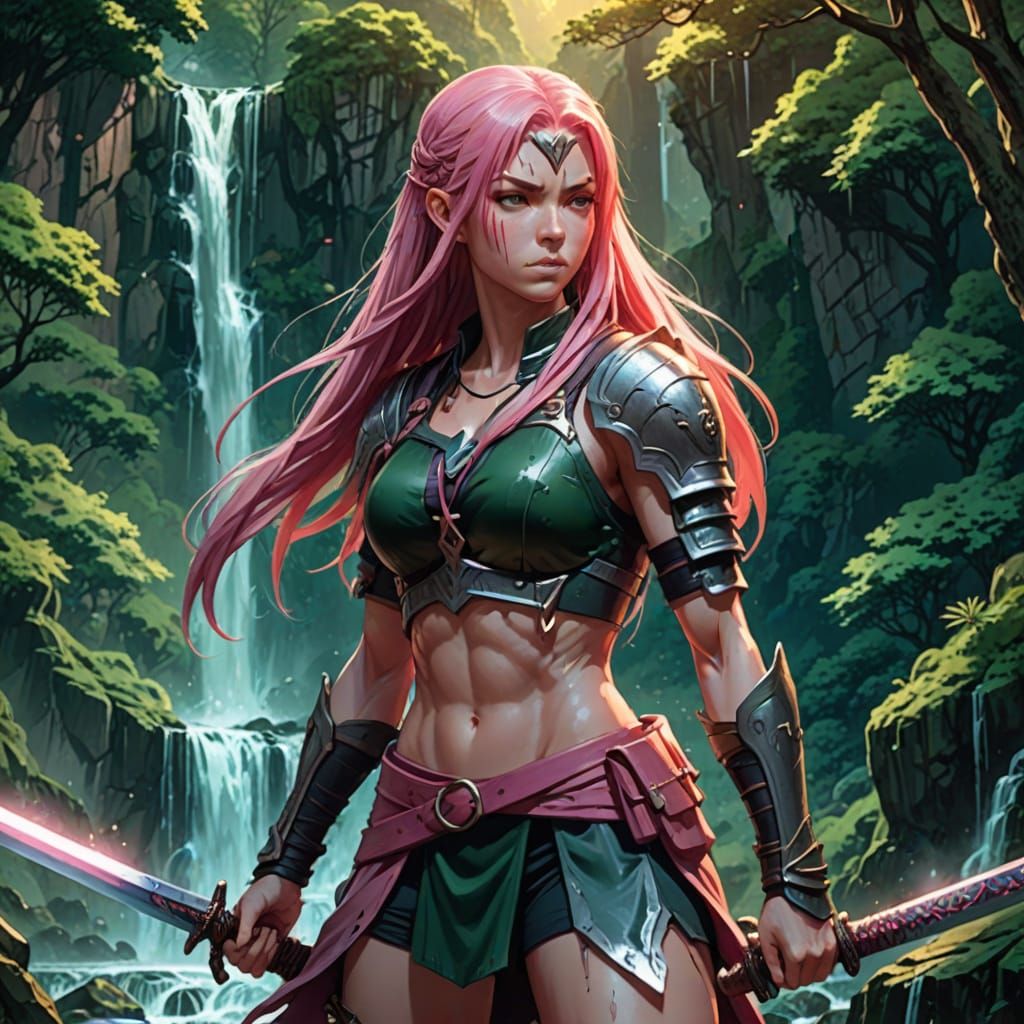 Anime Warrior Woman with Sword Near Waterfall