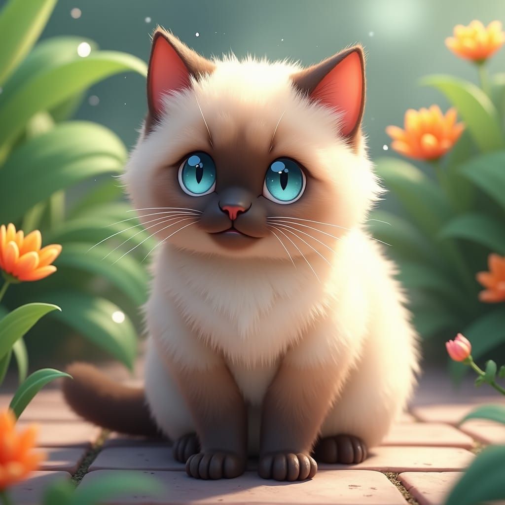 Fluffy Burmese Cat in Lush Garden, 3D Anime Art