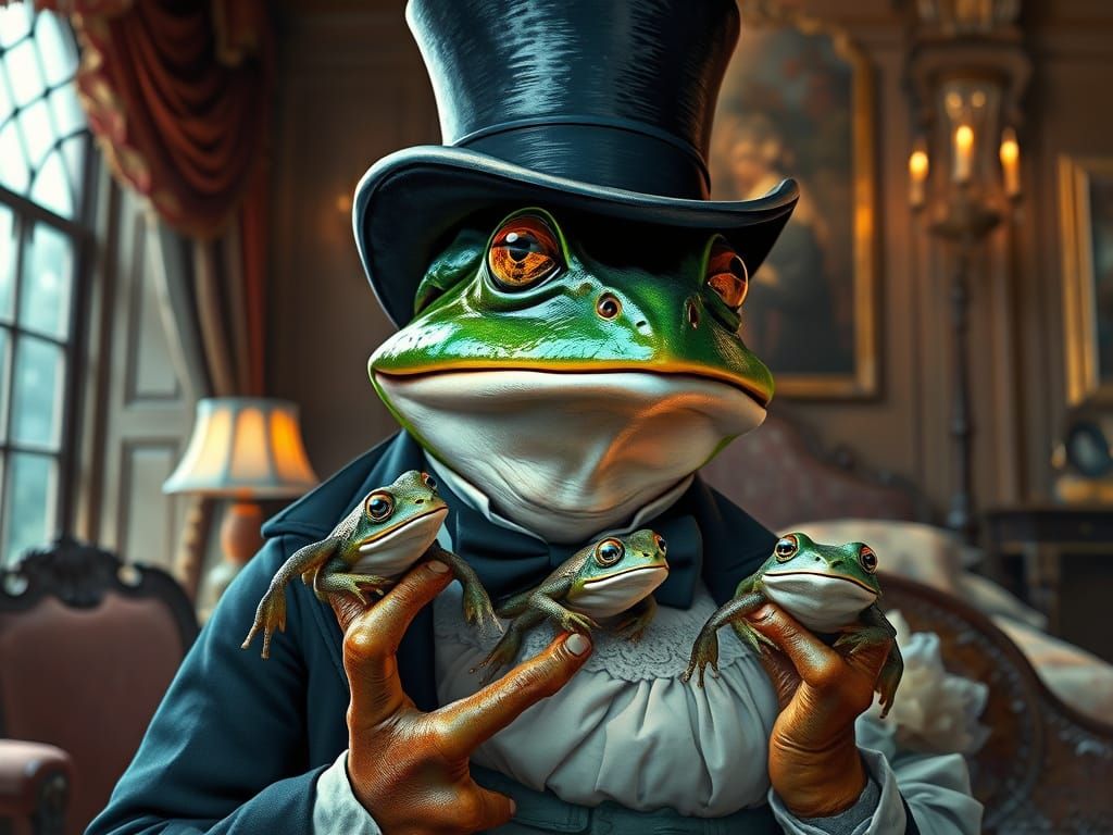 Victorian Frog Man Shocked by Tadpoles, Fairytale Art