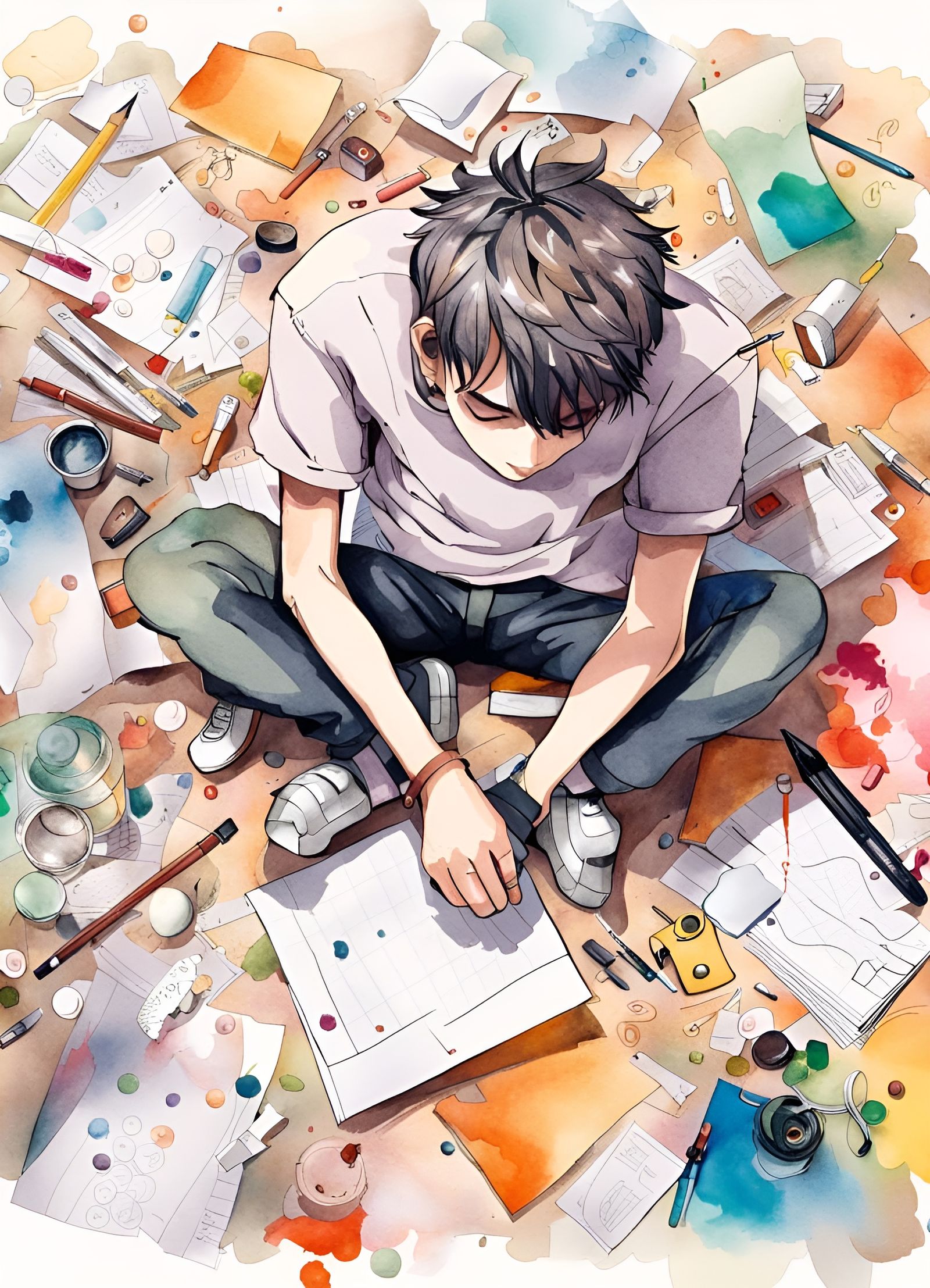 Depressed Man in Cluttered Room, Watercolor Anime