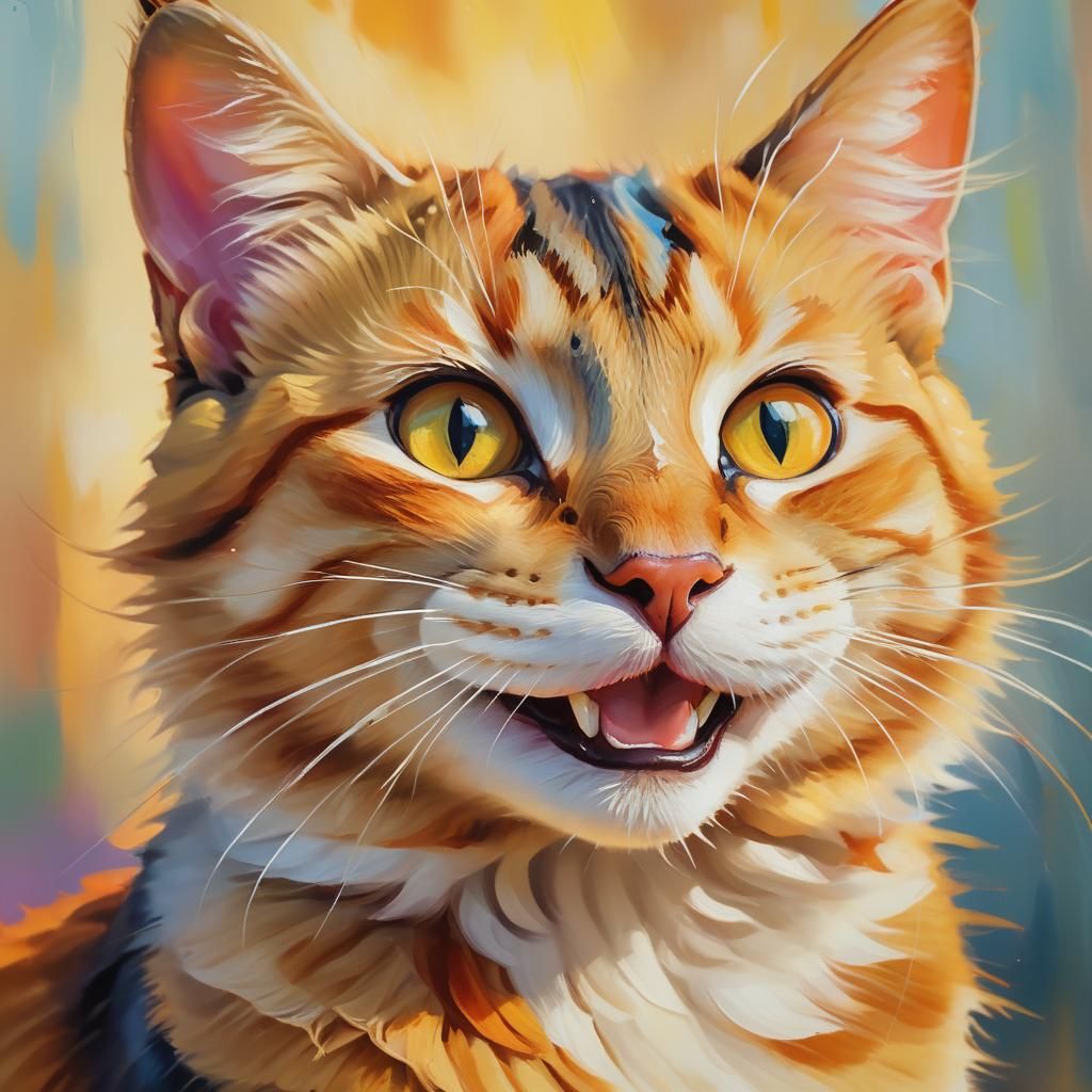 Smiling Cat Portrait in Vibrant Oil Painting